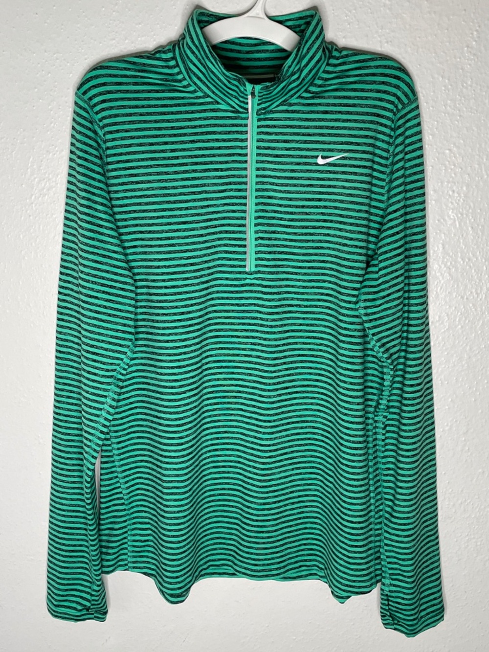 Nike Dri-FIT Running Pullover Green Stripe 1/4 Zip Long Sleeve Thumbholes